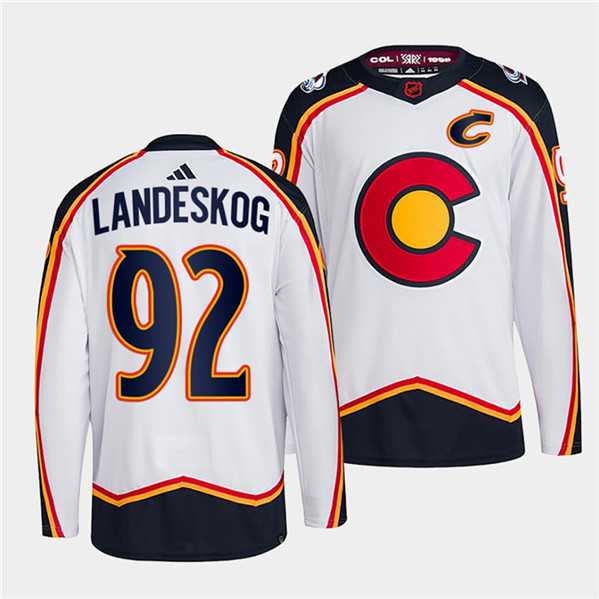 Mens Colorado Avalanche #92 Gabriel Landeskog White 2022-23 Reverse Retro Stitched Jersey Dzhi
